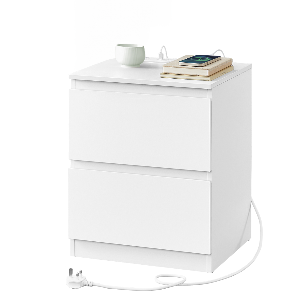 Vasagle Nightstand With Charging Station, Bedside Table With Drawers, Side End Table, 2 Ac Outlets, 2 Usb Ports, For Bedroom, White