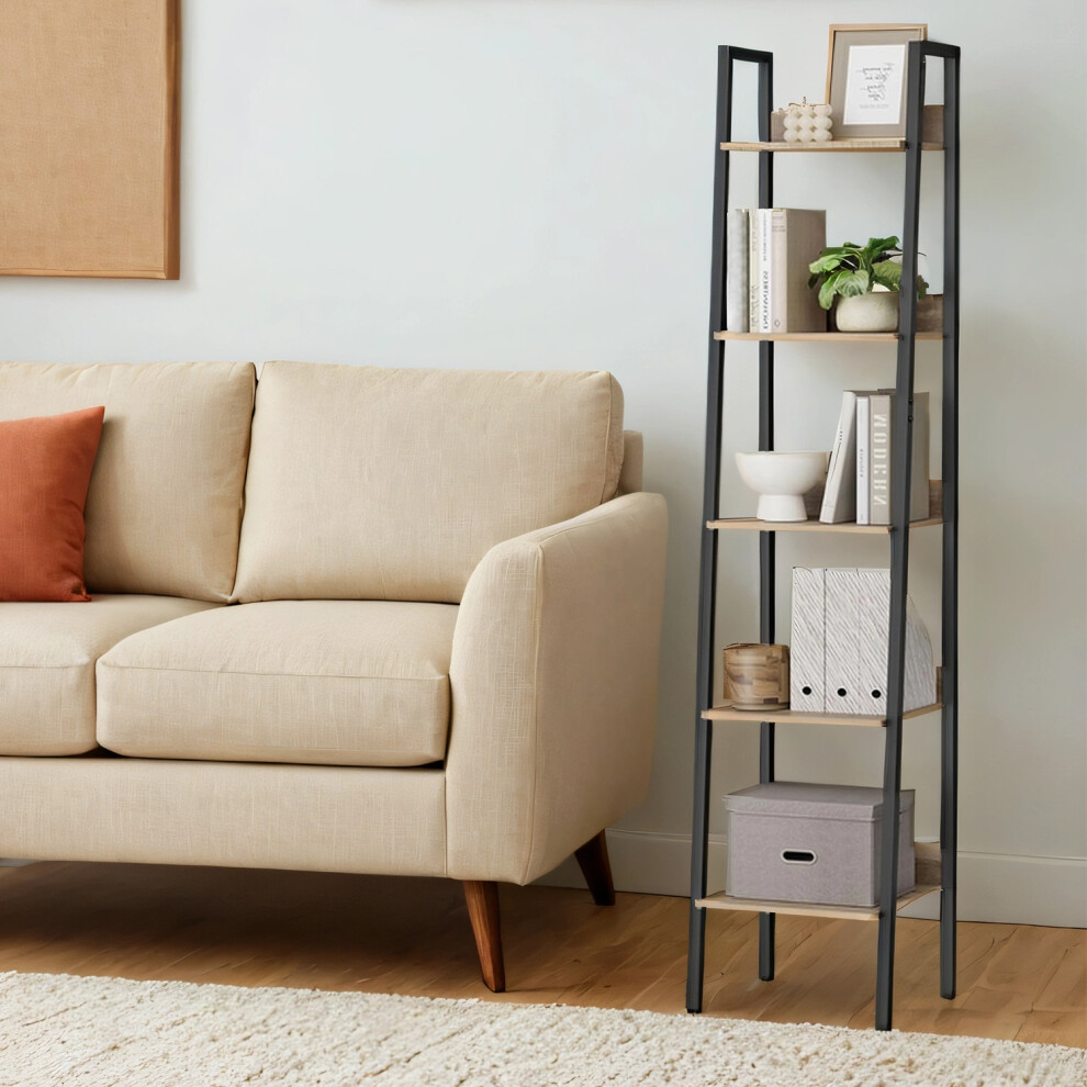Vasagle Bookshelf, 5-Tier Narrow Book Shelf, Ladder Shelf For Home Office, Living Room, Bedroom, Kitchen, Camel Brown And Black