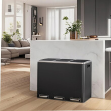 3-Compartment Kitchen Rubbish Bin, 3 x 18 L, for Recycling and Waste, Lids, Pedals, Inner Buckets, Steel, Soft Close, Black