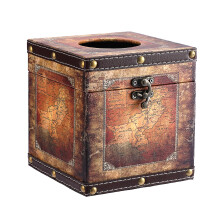 Vintage Wooden Tissue Box Cover with PU Leather, Antique Square Holder for Home Bathroom Decor
