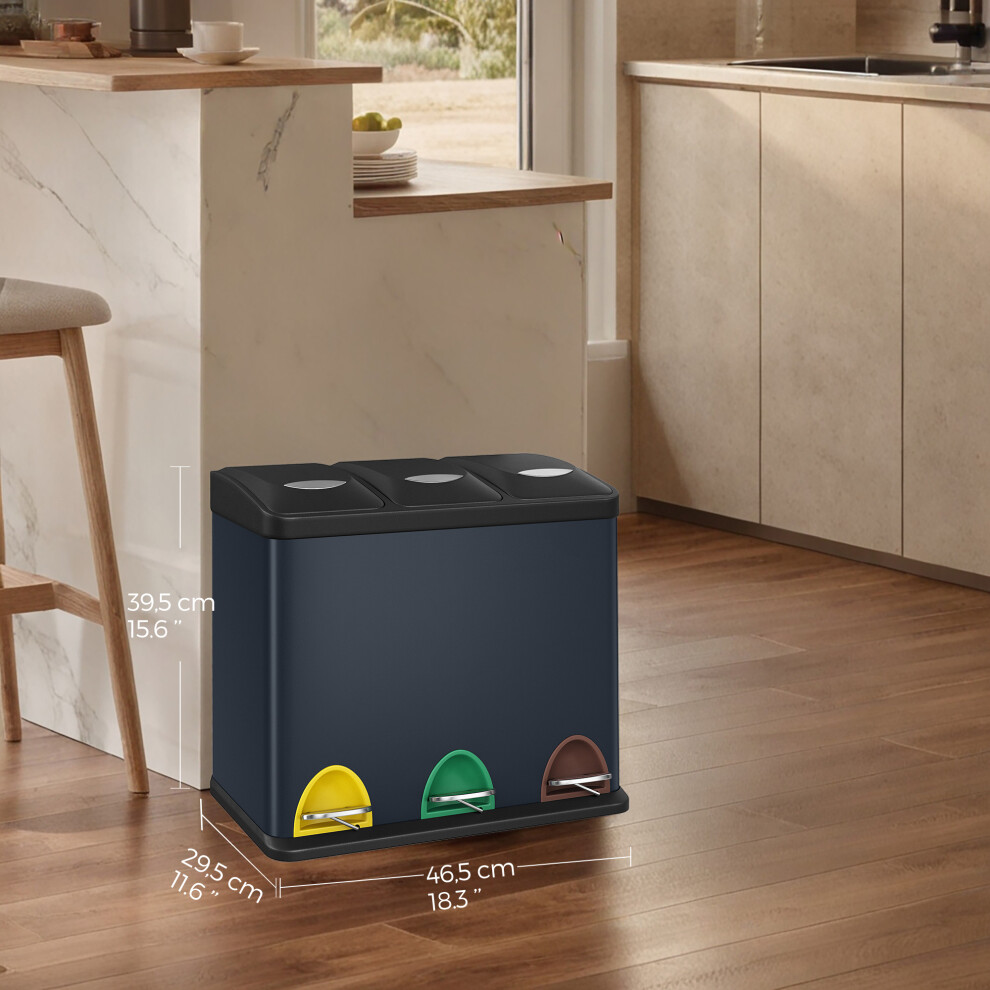 Songmics 3 X 8 L Metal Kitchen Rubbish Bin, Pedal Trash Bin For Waste And Recycling, With Lids And Inner Buckets