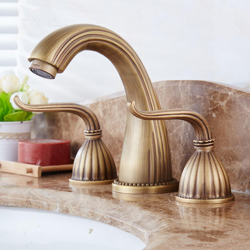 Bathroom Sink Faucet 3 Hole Antique Brass 2 Handle Hot Cold Water Mixer For Vanity 9323874708928