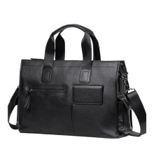 Men's Leather Laptop Briefcase   Cow Leather, Sheepskin Lining, Office Shoulder Bag, Black