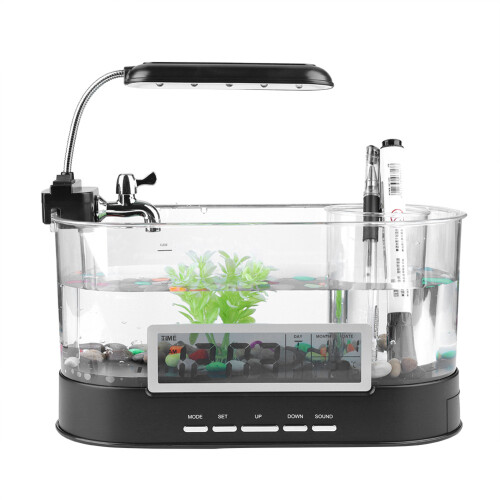 Lampada per acquario nano, con clip e vano portaoggetti, timer integrato, luce LED multicolore (nera)
