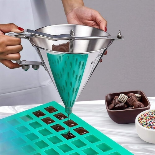 Stainless steel dough dispenser with springloaded handle for controlled flow and clean cooking experience 1