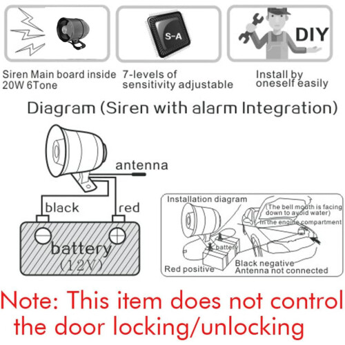 Universal Car Alarm System 12V with 2 Remotes, Loud AntiTheft Siren, Keyless Entry Security 1