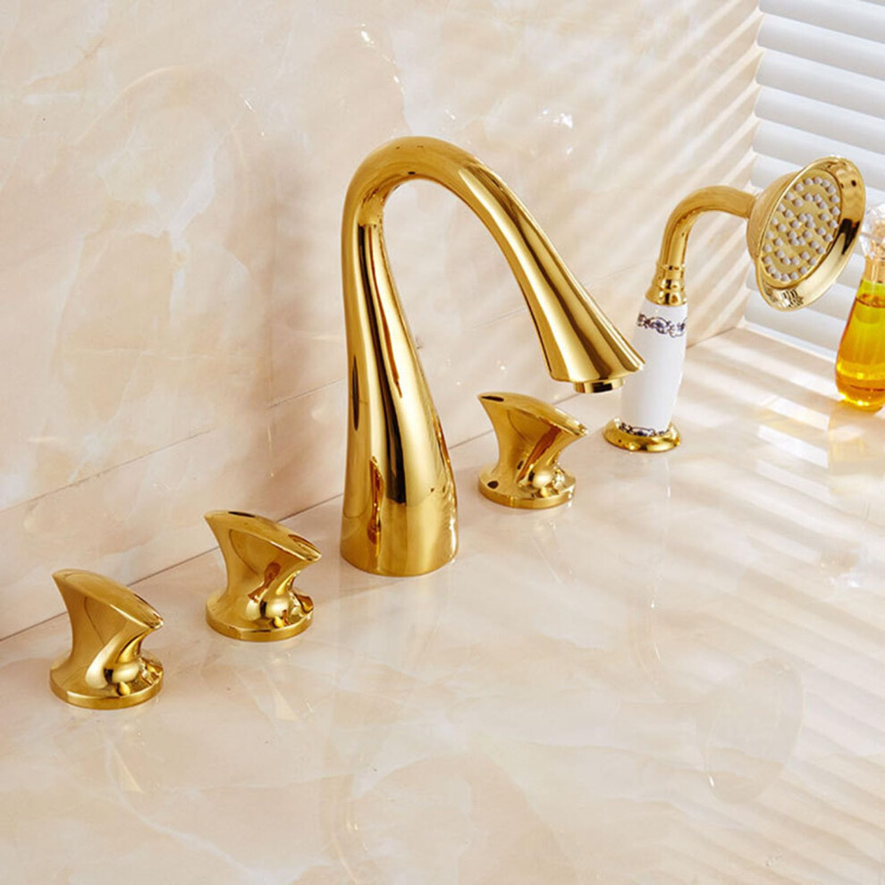 Gold Deck Mounted Bathtub Faucet With Handheld Sprayer Gooseneck Spout G1/2 Bathroom Shower 9001264745868