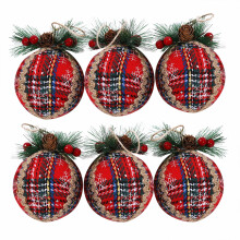 Handmade Large Christmas Balls Durable Holiday Ornaments Shatter Proof Plastic Burlap Fabric Wrapped Red And Black Plaid Pattern With Pine Cones Berry