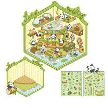 Cartoon-Haus-Szenen-Aufkleber,-DODO Panda Teehaus