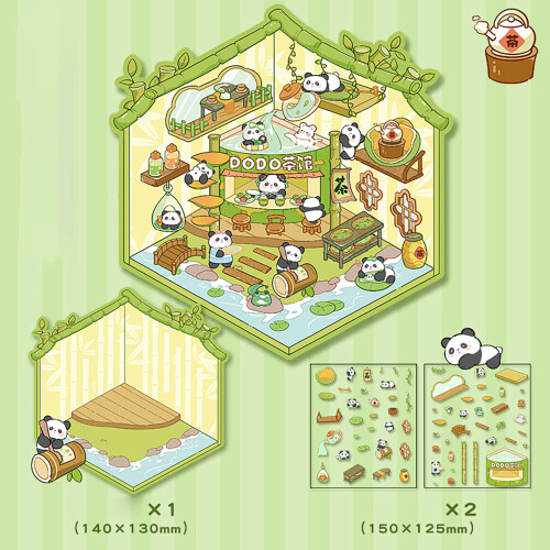 Cartoon-Haus-Szenen-Aufkleber,-DODO Panda Teehaus 2