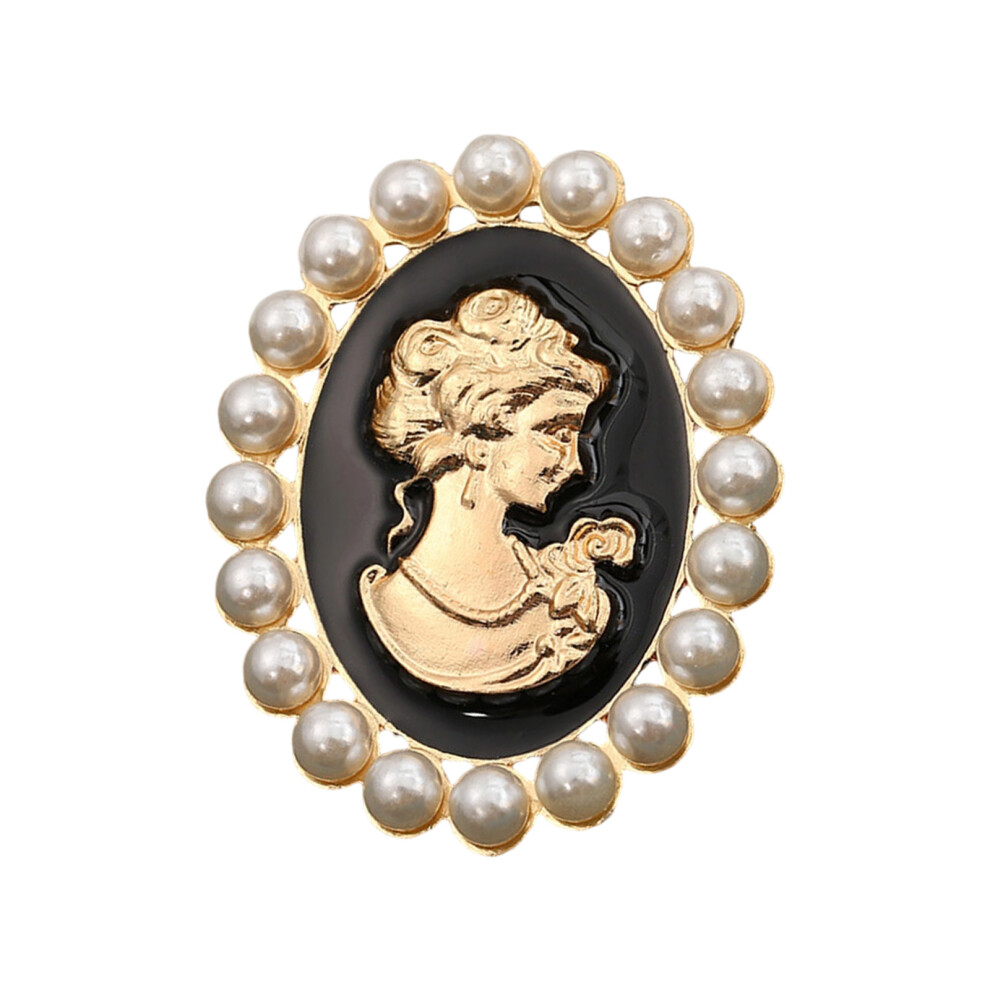 Black Pearls Rhinestones Cameo Brooch Pin Vintage Accessory- L