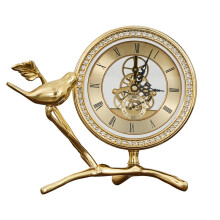 Luxury Copper Mantel Clock with Elegant Bird Sculpture and Gold Vintage Finish for Living Room Decor