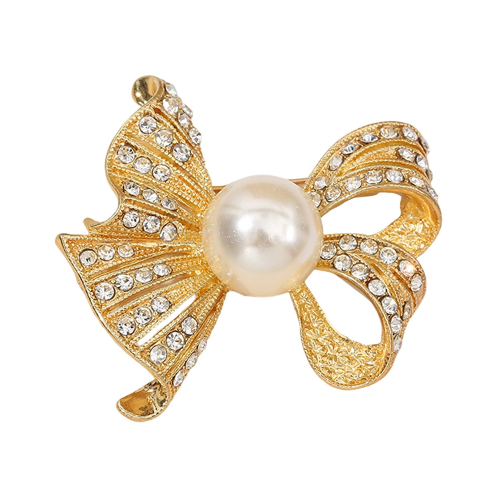 Golden Bowknot Brooch Sparkling Women Clothing-Pearl Bow