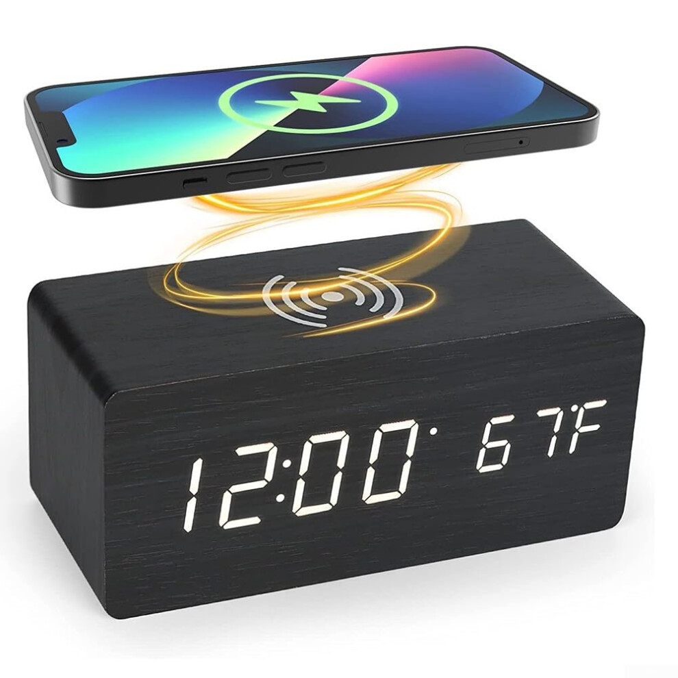 Wooden Digital Alarm Clock with Wireless Fast Charging, LED Display and Temperature, Triple Alarms
