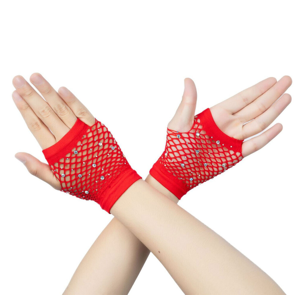 Red Glitter Embroide Short Gloves Stretchy Nylon Flexible