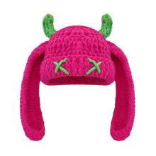 Plush Knitted Cap With Devil Horn Winter Warm Pullover-Rose red