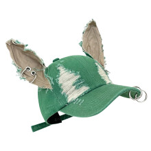 Women Distressed Baseball Hat With 3D Dog Ear and Metal-Green