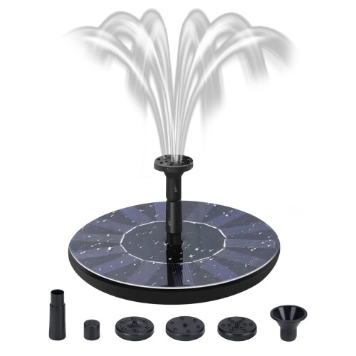 Solar Bird Bath Fountain Pump with Efficient Solar Power, Multiple Spray Patterns, Black, 6.3in