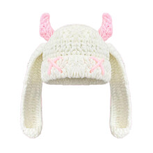 Elastic Knitted Plush Hat With Funny Devil Horn-Beige white