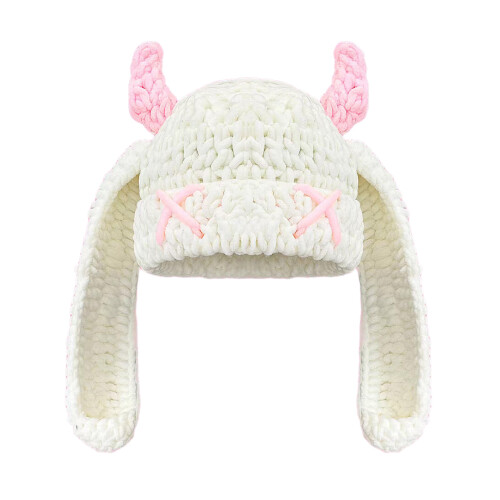 Elastic Knitted Plush Hat With Funny Devil Horn-Beige white