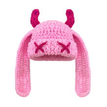Knitted Hat Devil Horn Skull Hat Cosplay Headwear-Peach pink