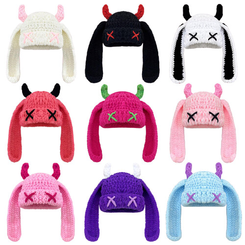 Elastic Knitted Plush Hat With Funny Devil Horn-Beige white 1