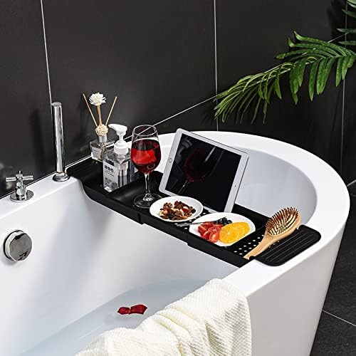 Foldable Bathtub Tray with Adjustable Plastic Drain Shelf Caddy for Bathroom Storage Organizer (Black) 1