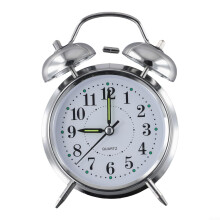 Retro Twin Bell Alarm Clock with Luminous Hands Spring Wound Silver Chrome 4 Inch