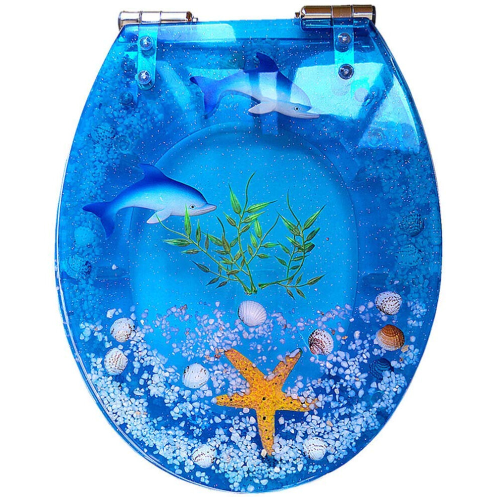 Transparent Resin Toilet Seat With Chrome Hinges, 3D Ocean Design, Round Fit For Standard Toilets, Blue 9119770561718