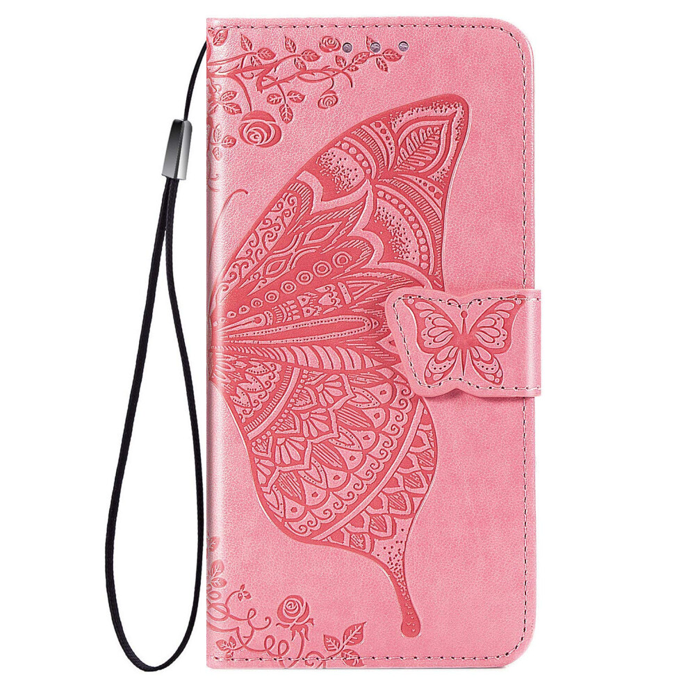 Case For Nokia 2.4 Flip Wallet With Stand, Shockproof Pu Leather And Silicone Bumper, Cute Butterfly Floral Design, Pink 9001264757335