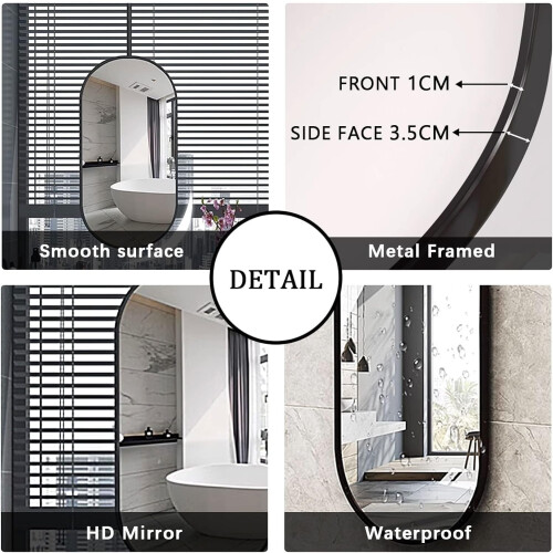Black Hanging Oval Vanity Mirror with ExplosionProof Glass, Ceiling Mounted, 40x60cm Adjustable 1