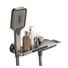 Waterfall Bathtub Faucet and Shower Set Wall Mounted Brass Hot Cold Mixer Valve Metal Grey