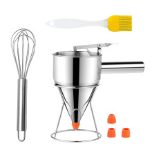 Stainless steel batter dispenser, suitable for cupcakes and waffles, with adjustable flow and stable stand.