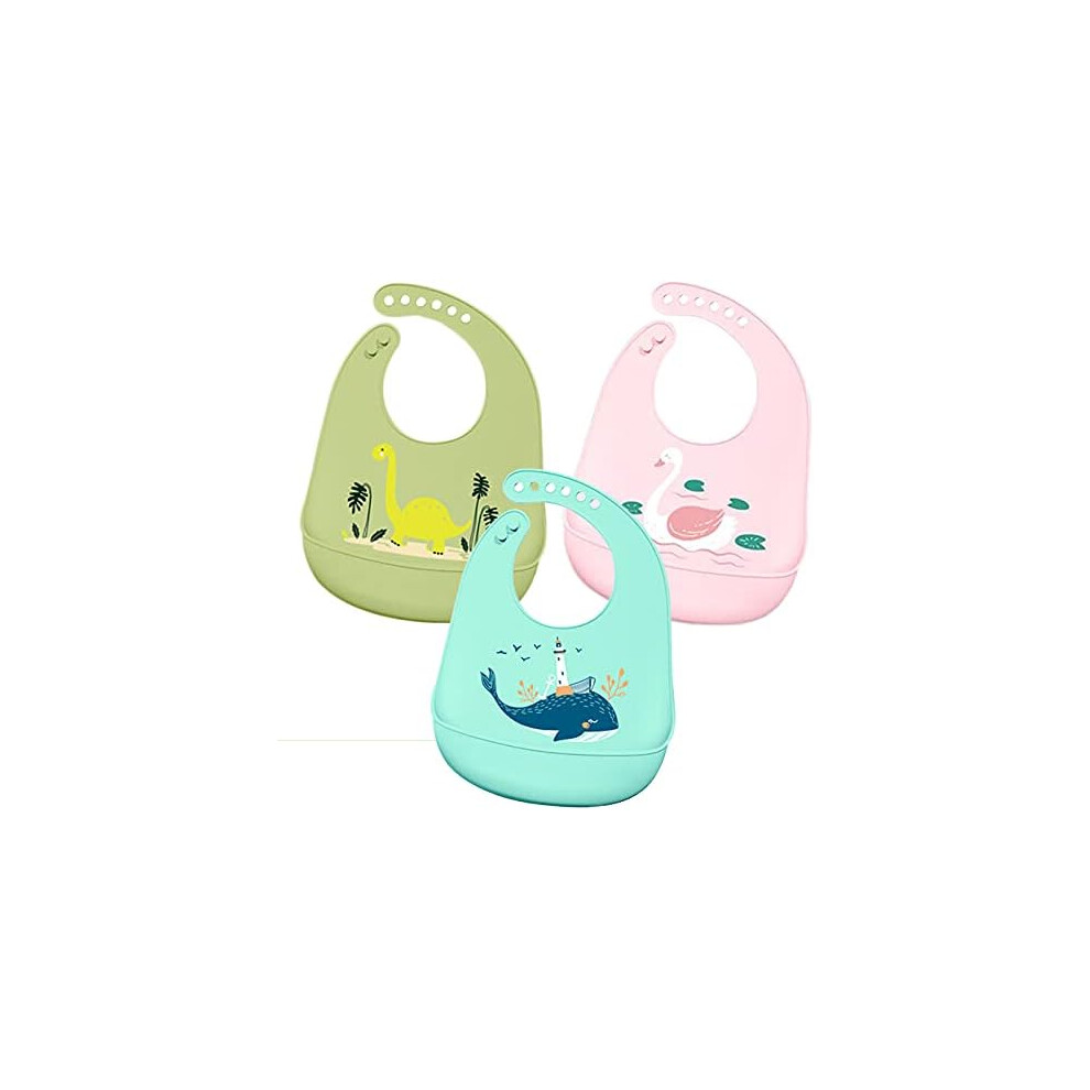 Unisex Baby Silicone Bibs, Waterproof Silicone Bibs with Deep Sturdy Pockets, Adjustable Size for Babies Aged 3 Months to 6 Years, Grows with Baby, Di