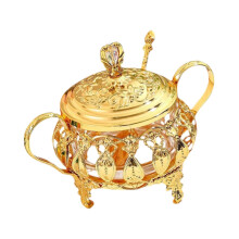 Vintage sugar bowl with lid and spoon, spice jar for kitchen party at home.
