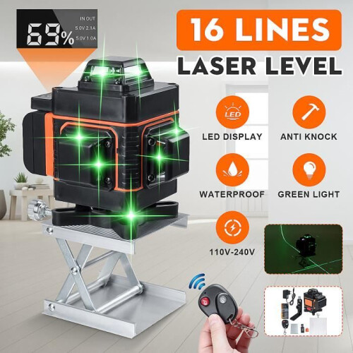 Niveau laser vert 4D à 16 lignes, rotation automatique à 360, croix, télécommande