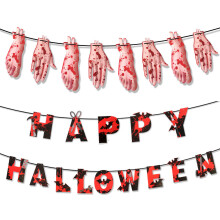 Halloweenske dekorácie, realistický vzhľad s tenkým elastickým písmom a krvavými prvkami, svetlá s hororovou tematikou a girlanda s krvavými