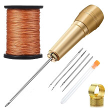 kit for leather craft tools, 3piece sewing awl needle set for canvas and leather, 50m nylon cord thread and 2 thimbles.