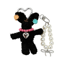 Chic Pearls Accent Rabbit Lanyard Multi Functional Plush-Black