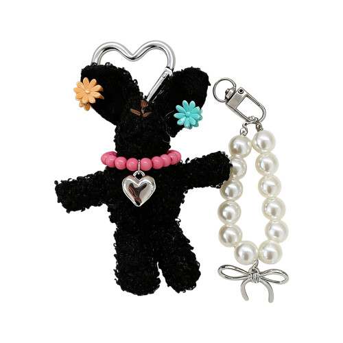 Chic Pearls Accent Rabbit Lanyard Multi Functional Plush-Black