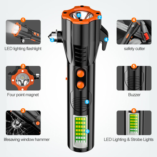 Window Breaker, Multi-Function Safety Hammer with High Sensitivity Detection, Emergency Escape Tool, Solar Charging, Led Flashlight, Seatbelt Cutter, 2