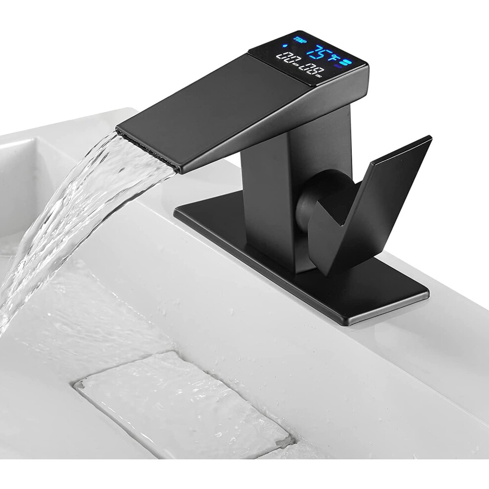 Temperature Sensitive Faucet With Waterfall Spout, Single Handle Design Bathroom Sink Tap Featuring Led Indicator Light And Ceramic Cartridge, Hydropo 9466005096713