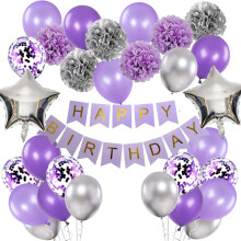 Decorațiuni de petrecere violet argintii, banner La mulți ani, ghirlandă de baloane cu pompoane din carton, accesorii pentru petrecere cu