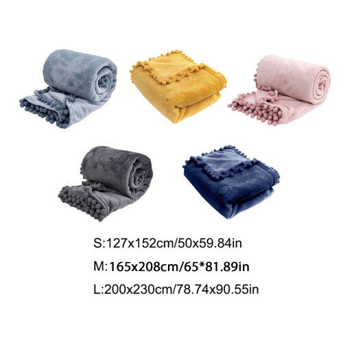 Couverture chaude en flanelle polaire avec pompons-M Bleu 1