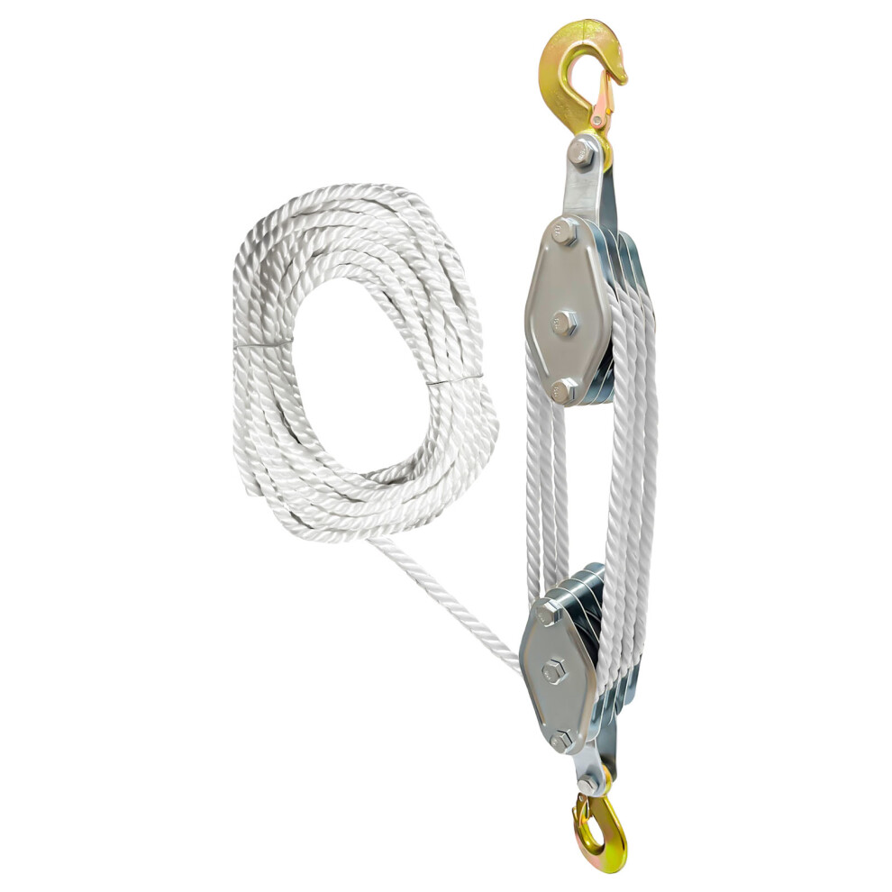 Block And Tackle Pulley System Upgraded 3/4-White Rope 4 Rounds 7704000486330