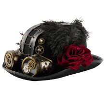 Gothic Jazz Costume Hat With Goggles Gear Chain Rose-Black