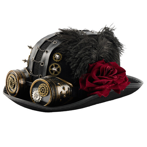 Gothic Jazz Costume Hat With Goggles Gear Chain Rose-Black