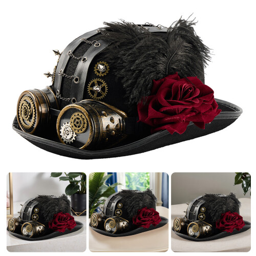 Gothic Jazz Costume Hat With Goggles Gear Chain Rose-Black 2