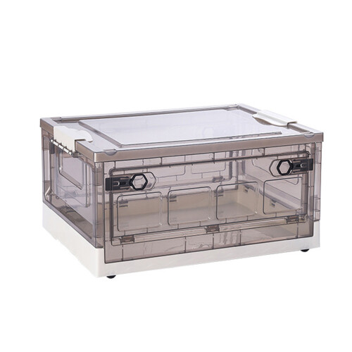 Plastic Storage Box Foldable Design Transparent Container With Lids Stackable Collapsible Movable Wheels Grated Wall Design For Visibility Durable Sto