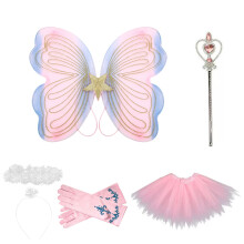 Ensemble de costume de fée avec ailes d'ange transparentes et scintillantes, tiare, baguette magique, tutu et gants. Confortable et résistant.
